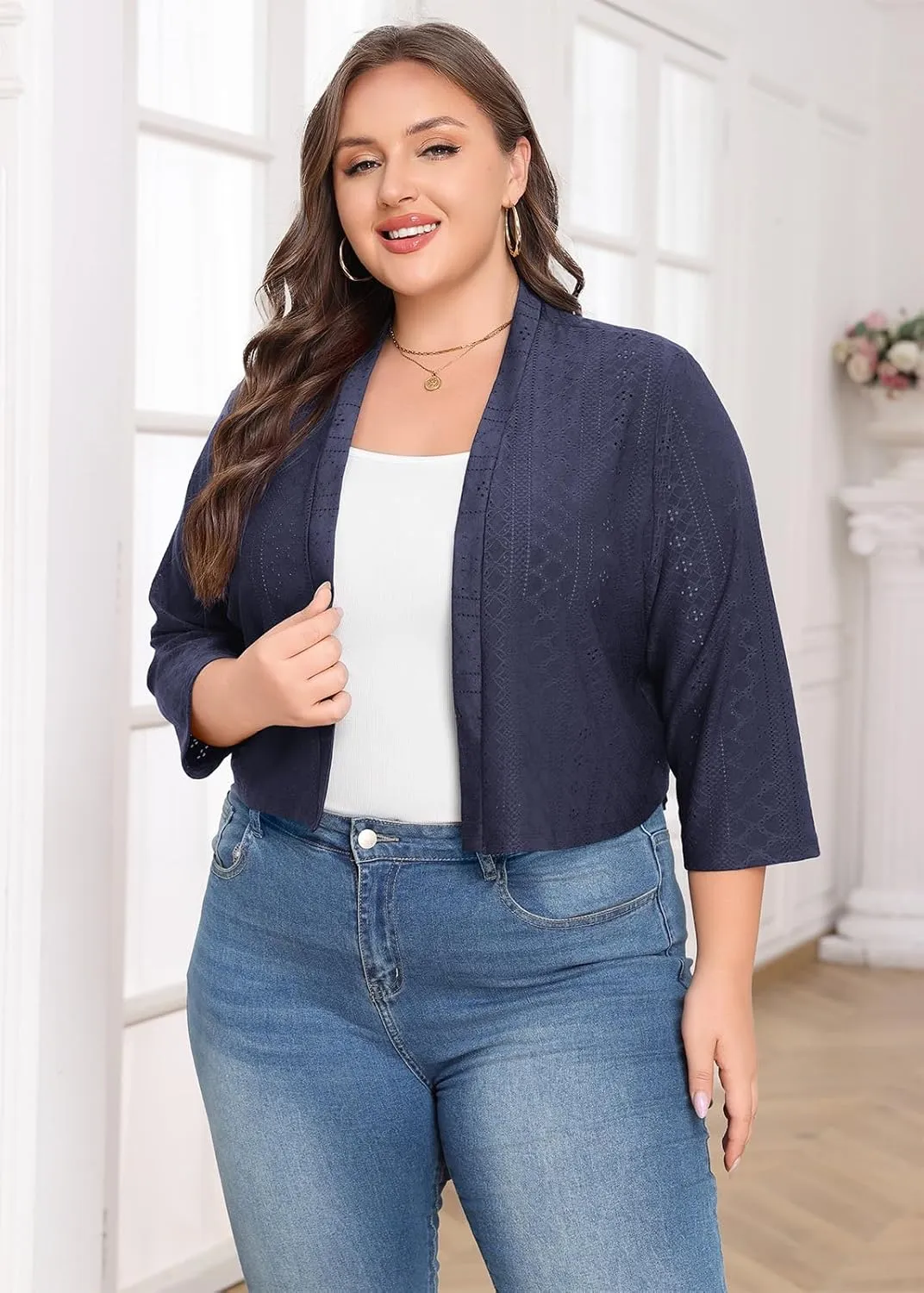 Lastshe Women's Plus Size Shrug Open Front 3/4 Sleeves Cropped Bolero Openwork Fabric Cardigan