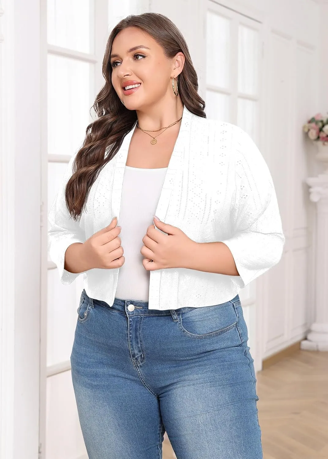Lastshe Women's Plus Size Shrug Open Front 3/4 Sleeves Cropped Bolero Openwork Fabric Cardigan
