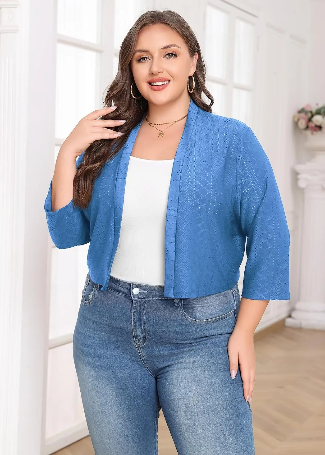 Lastshe Women's Plus Size Shrug Open Front 3/4 Sleeves Cropped Bolero Openwork Fabric Cardigan