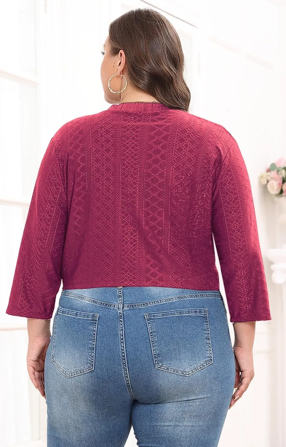 Lastshe Women's Plus Size Shrug Open Front 3/4 Sleeves Cropped Bolero Openwork Fabric Cardigan