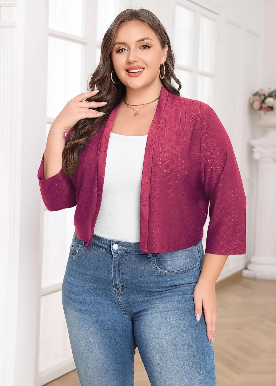 Lastshe Women's Plus Size Shrug Open Front 3/4 Sleeves Cropped Bolero Openwork Fabric Cardigan