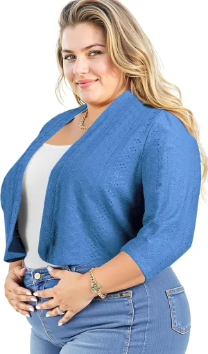 Lastshe Women's Plus Size Shrug Open Front 3/4 Sleeves Cropped Bolero Openwork Fabric Cardigan
