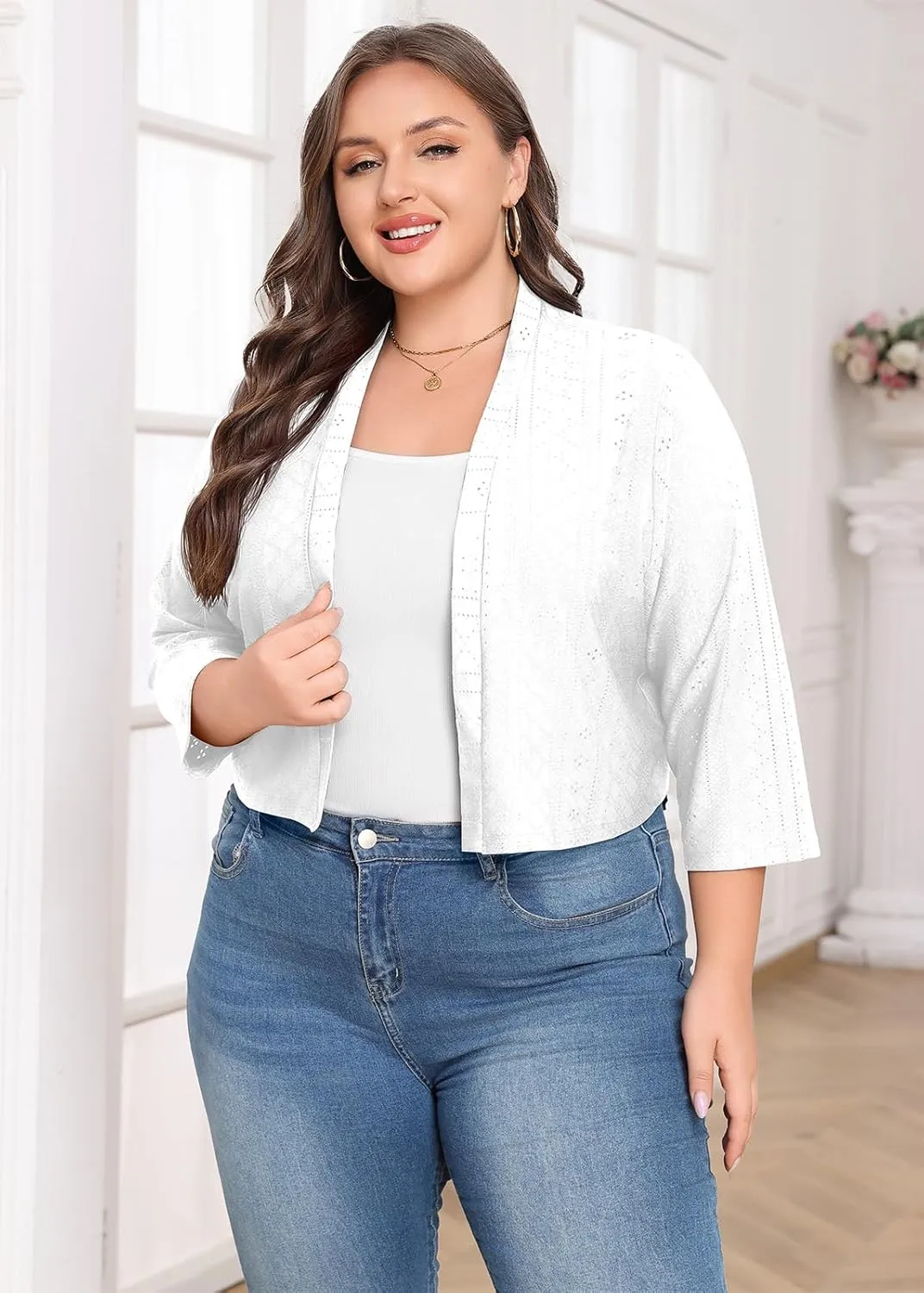 Lastshe Women's Plus Size Shrug Open Front 3/4 Sleeves Cropped Bolero Openwork Fabric Cardigan