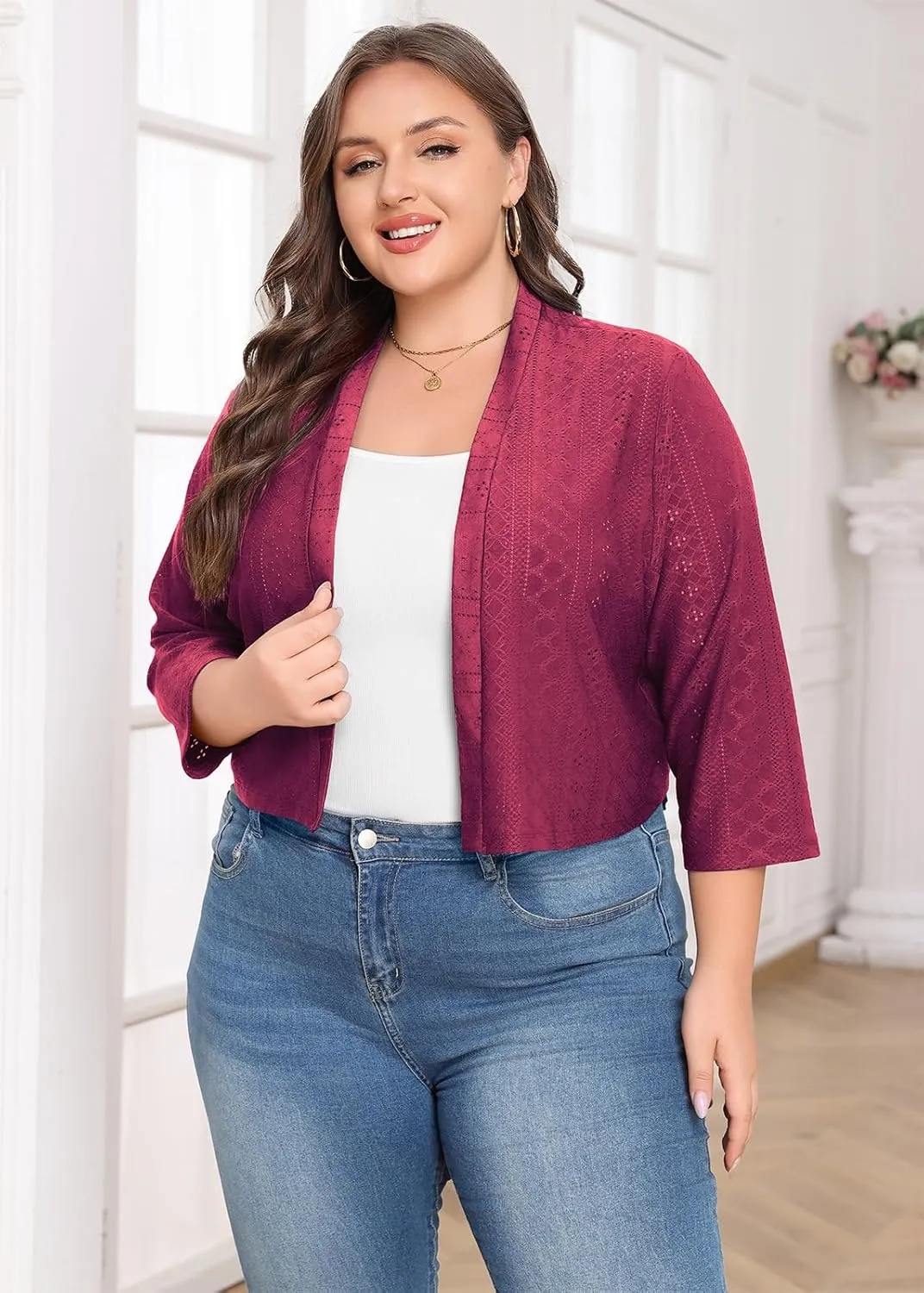 Lastshe Women's Plus Size Shrug Open Front 3/4 Sleeves Cropped Bolero Openwork Fabric Cardigan