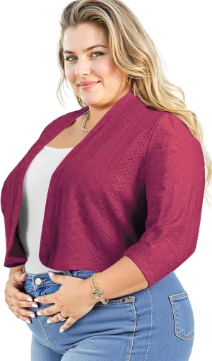 Lastshe Women's Plus Size Shrug Open Front 3/4 Sleeves Cropped Bolero Openwork Fabric Cardigan