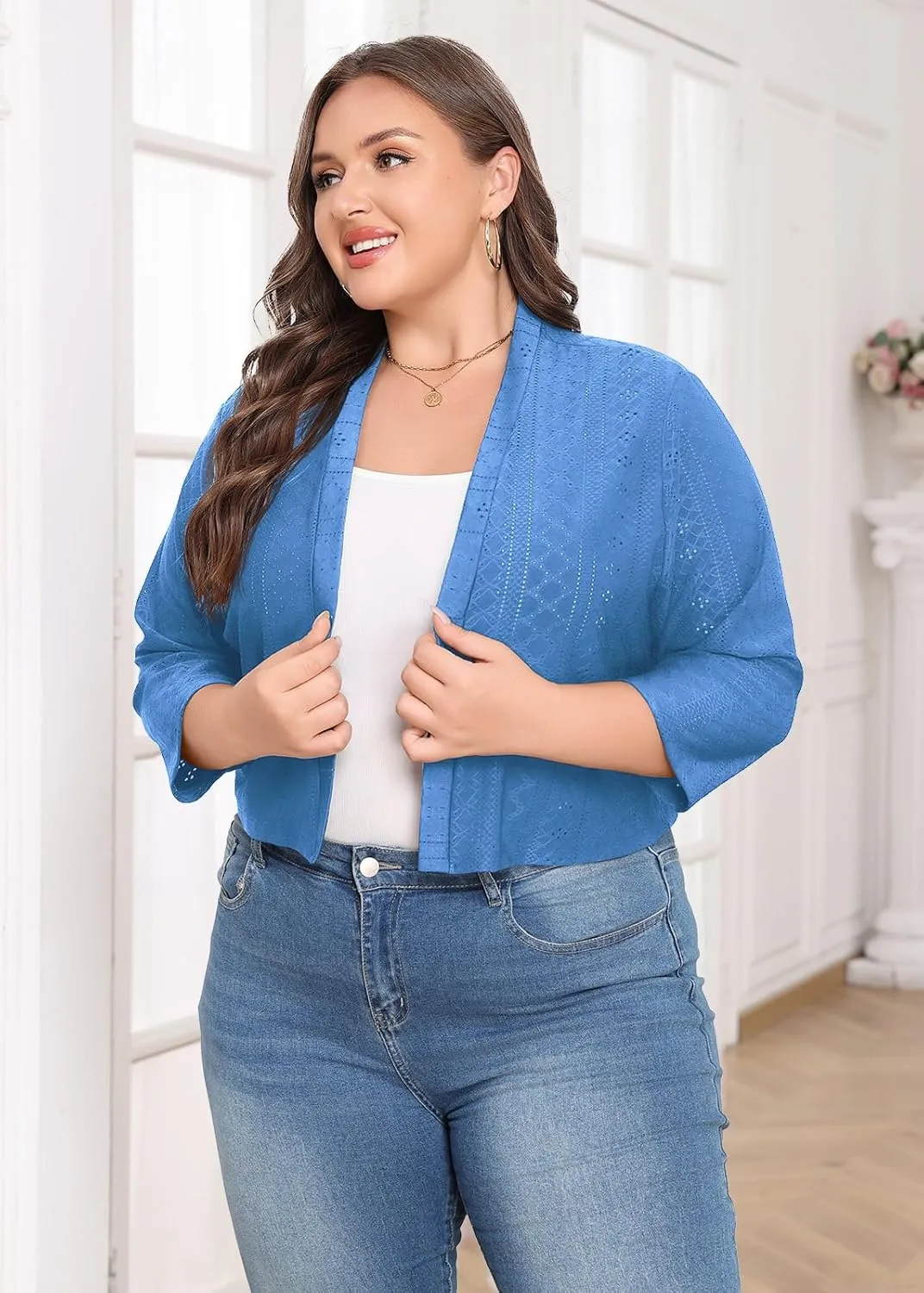 Lastshe Women's Plus Size Shrug Open Front 3/4 Sleeves Cropped Bolero Openwork Fabric Cardigan