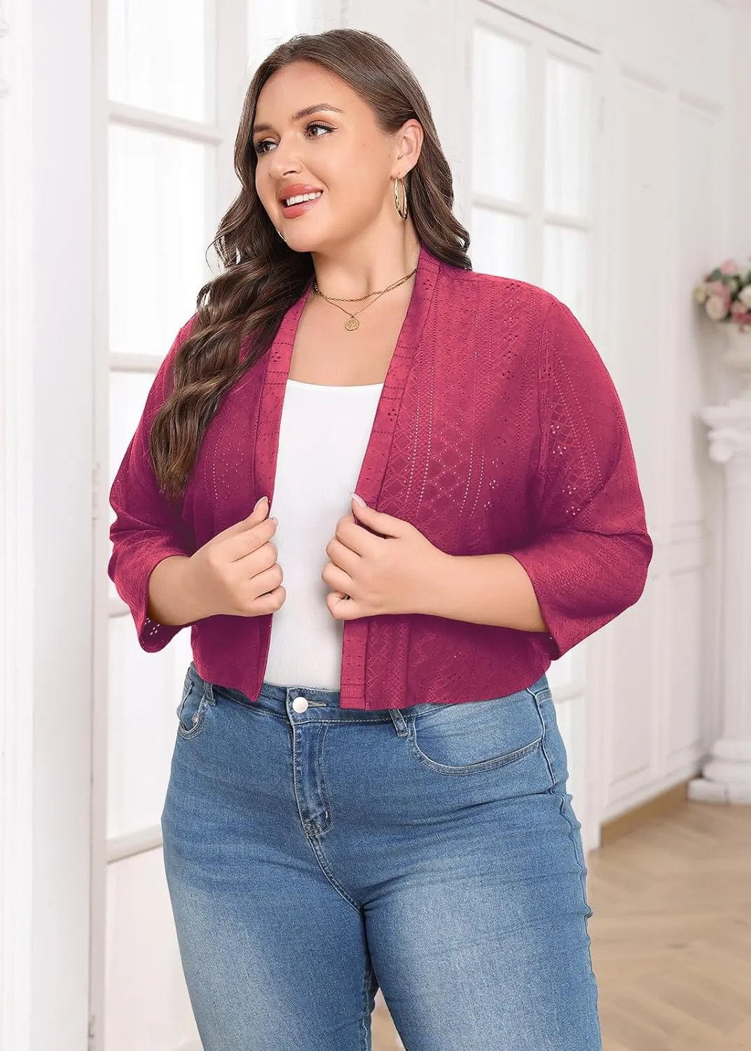 Lastshe Women's Plus Size Shrug Open Front 3/4 Sleeves Cropped Bolero Openwork Fabric Cardigan