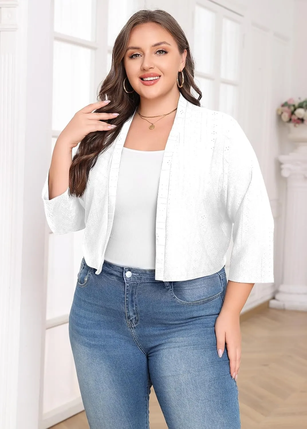 Lastshe Women's Plus Size Shrug Open Front 3/4 Sleeves Cropped Bolero Openwork Fabric Cardigan