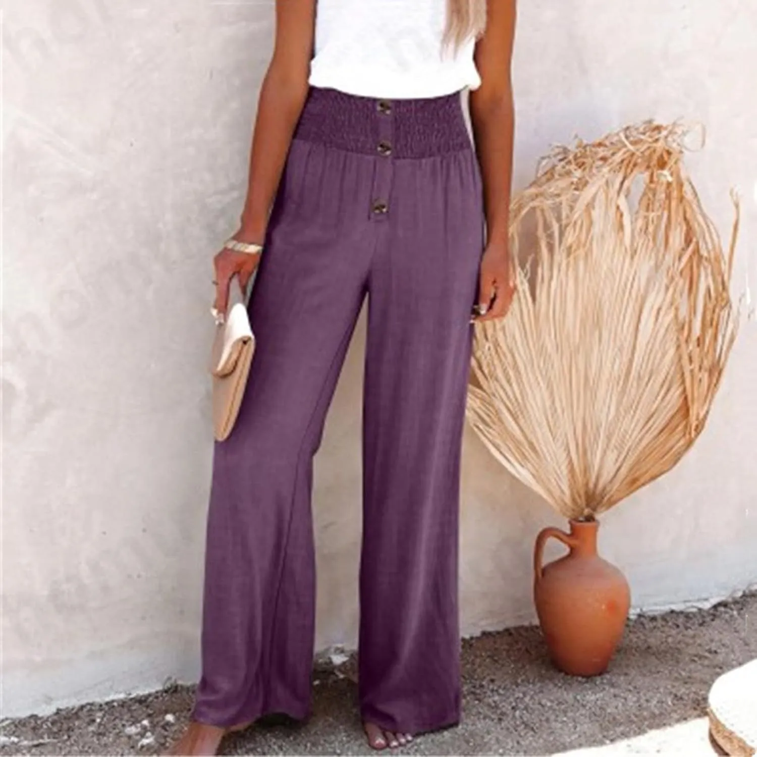 Linen Pants Women Summer,Wide Leg High Waisted Palazzo Pants Loose Casual Smocked Paperbag Trousers Summer Outfits