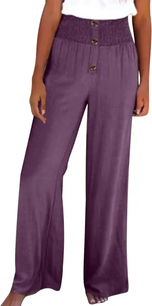 Linen Pants Women Summer,Wide Leg High Waisted Palazzo Pants Loose Casual Smocked Paperbag Trousers Summer Outfits