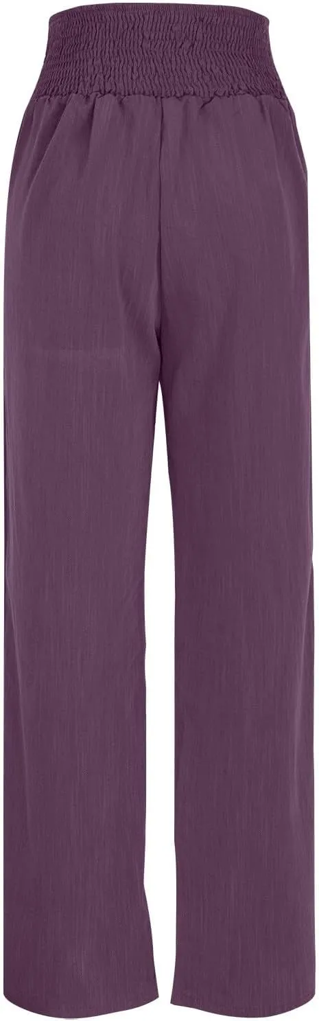 Linen Pants Women Summer,Wide Leg High Waisted Palazzo Pants Loose Casual Smocked Paperbag Trousers Summer Outfits