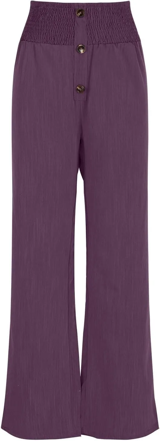 Linen Pants Women Summer,Wide Leg High Waisted Palazzo Pants Loose Casual Smocked Paperbag Trousers Summer Outfits