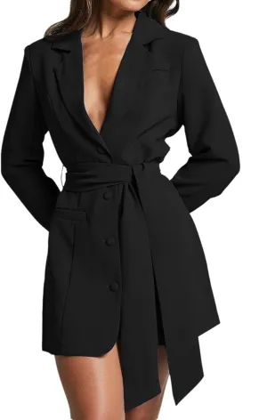 Melliflo Women Belted Blazer Set Formal Work Office Blazers Trench Coat Long Sleeve Double Breasted Blazer Dress with Belt