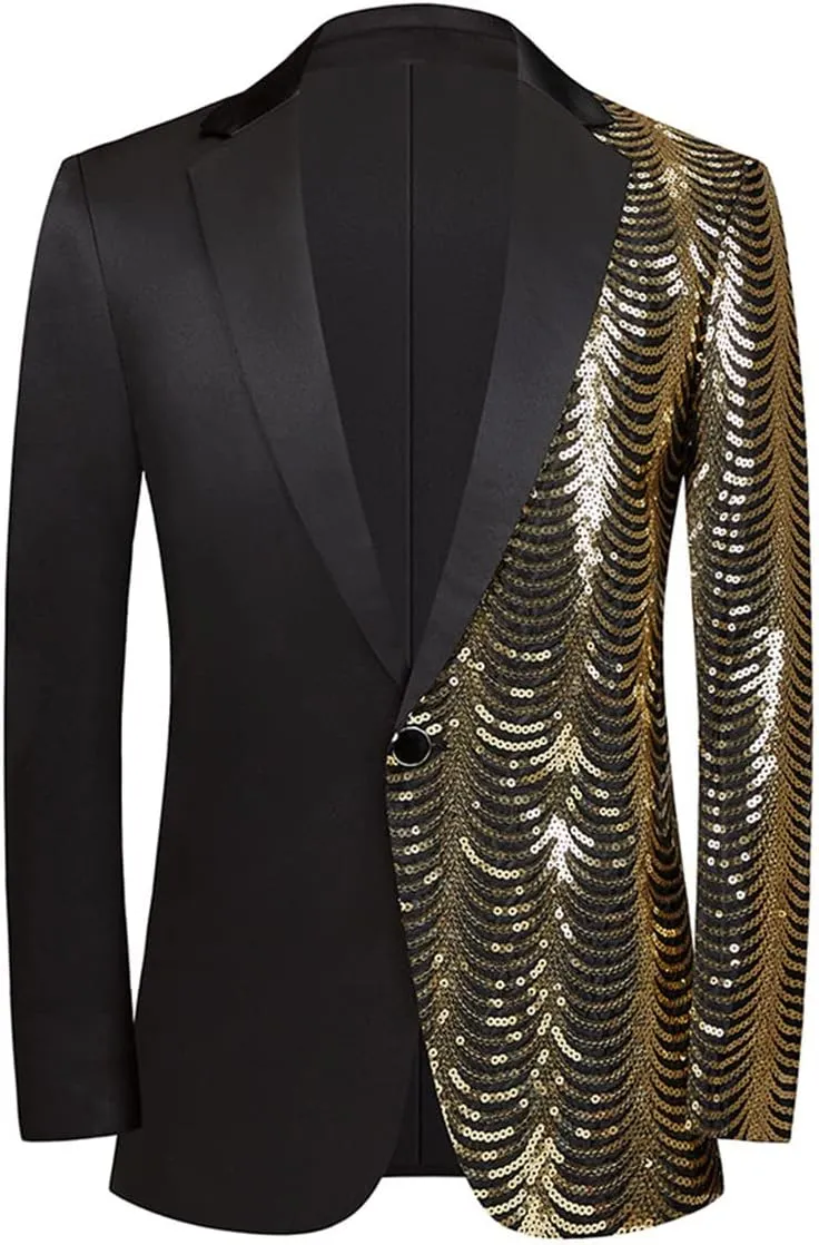 Men Black Sequin Shiny Prom Suit Jacket One Button Slim Fit Sport Coats and Blazers Tuxedo for Wedding Banquet
