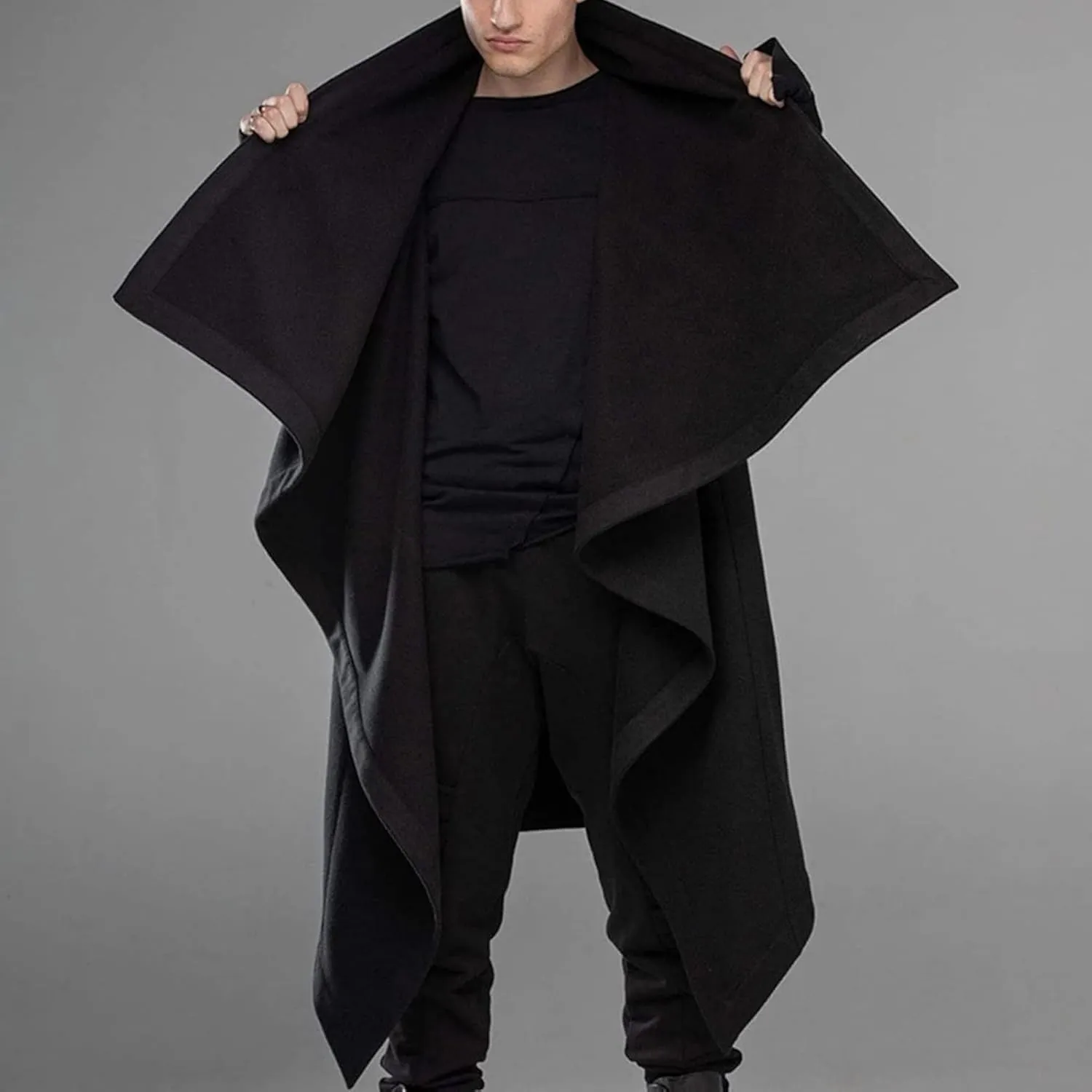 Men Lightweight Casual Cape Cloak Long Length Irregular Hem Pullover Overcoat Hip Hop Slim Poncho Sweatshirt Coat