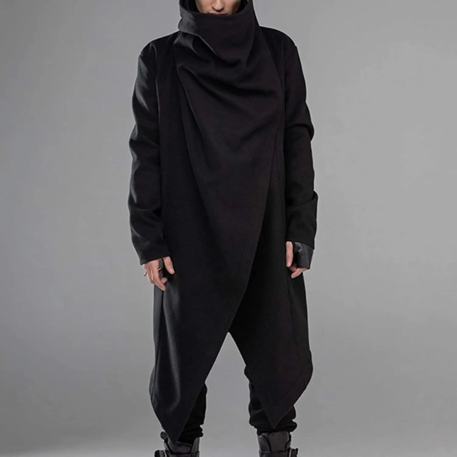 Men Lightweight Casual Cape Cloak Long Length Irregular Hem Pullover Overcoat Hip Hop Slim Poncho Sweatshirt Coat