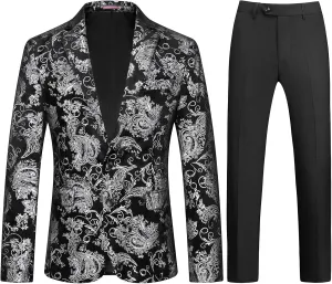 Mens Slim Fit Suits 2 Piece Tuxedo Suit for Men Shiny Prom Dinner Party Blazers Jacket and Pants
