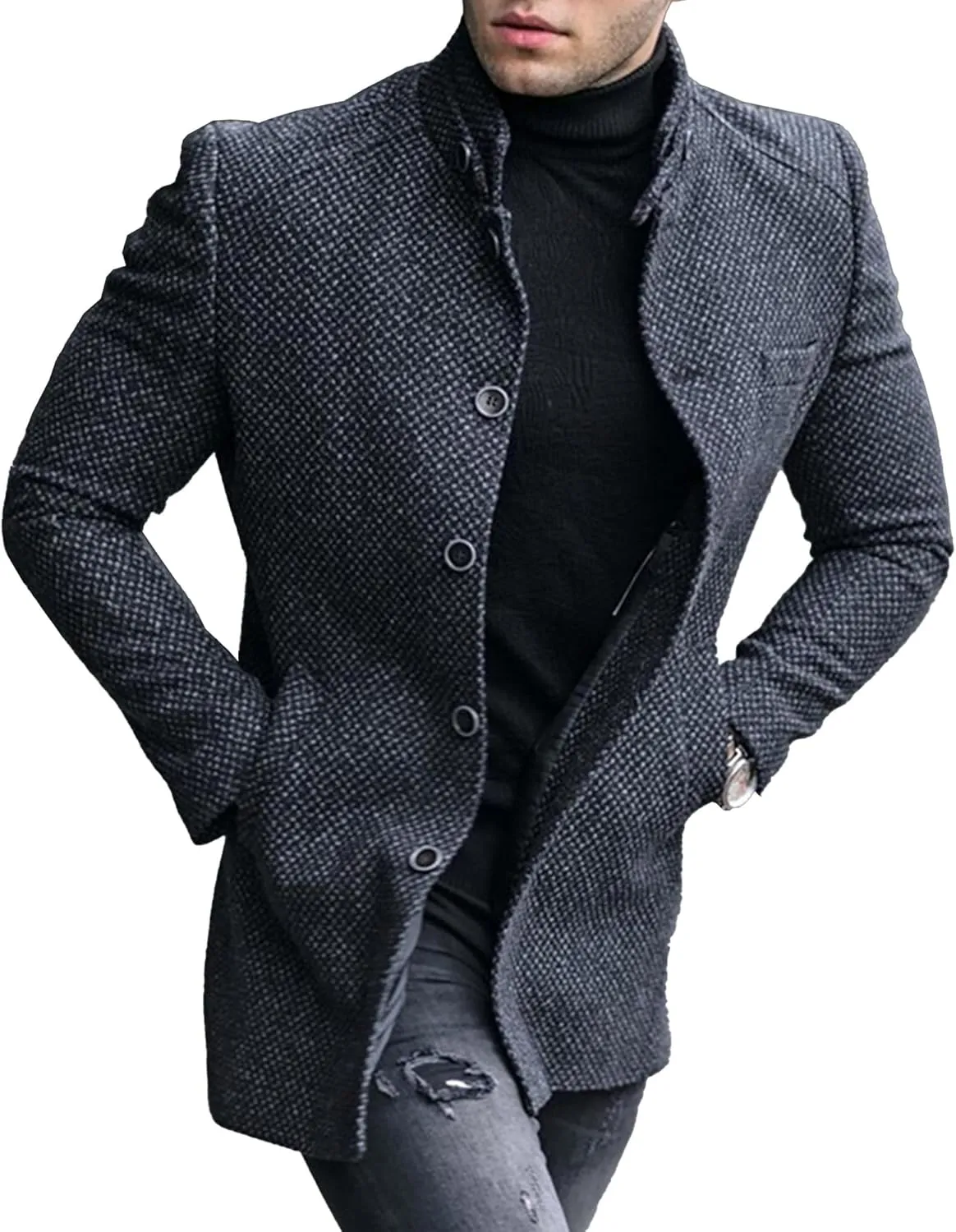Mens Stand Collar Plaid Suit Coats Button Casual Business Sport Coats Lightweight Winter Slim Fit Suit Jacket