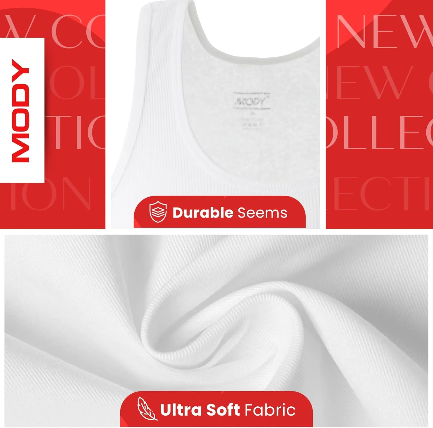 Mody Men's Undershirt Ribbed Tank Top, Crew Neck Cotton Mens Tank Tops, White Cotton Undershirt, Tagless Muscle Shirt 6 Pack