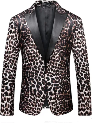 MOGU Mens Slim Fit Notched Lapel Stylish Blazer Leopard Printed Sports Coat