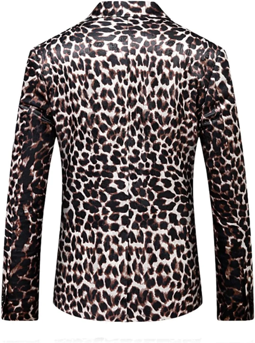 MOGU Mens Slim Fit Notched Lapel Stylish Blazer Leopard Printed Sports Coat