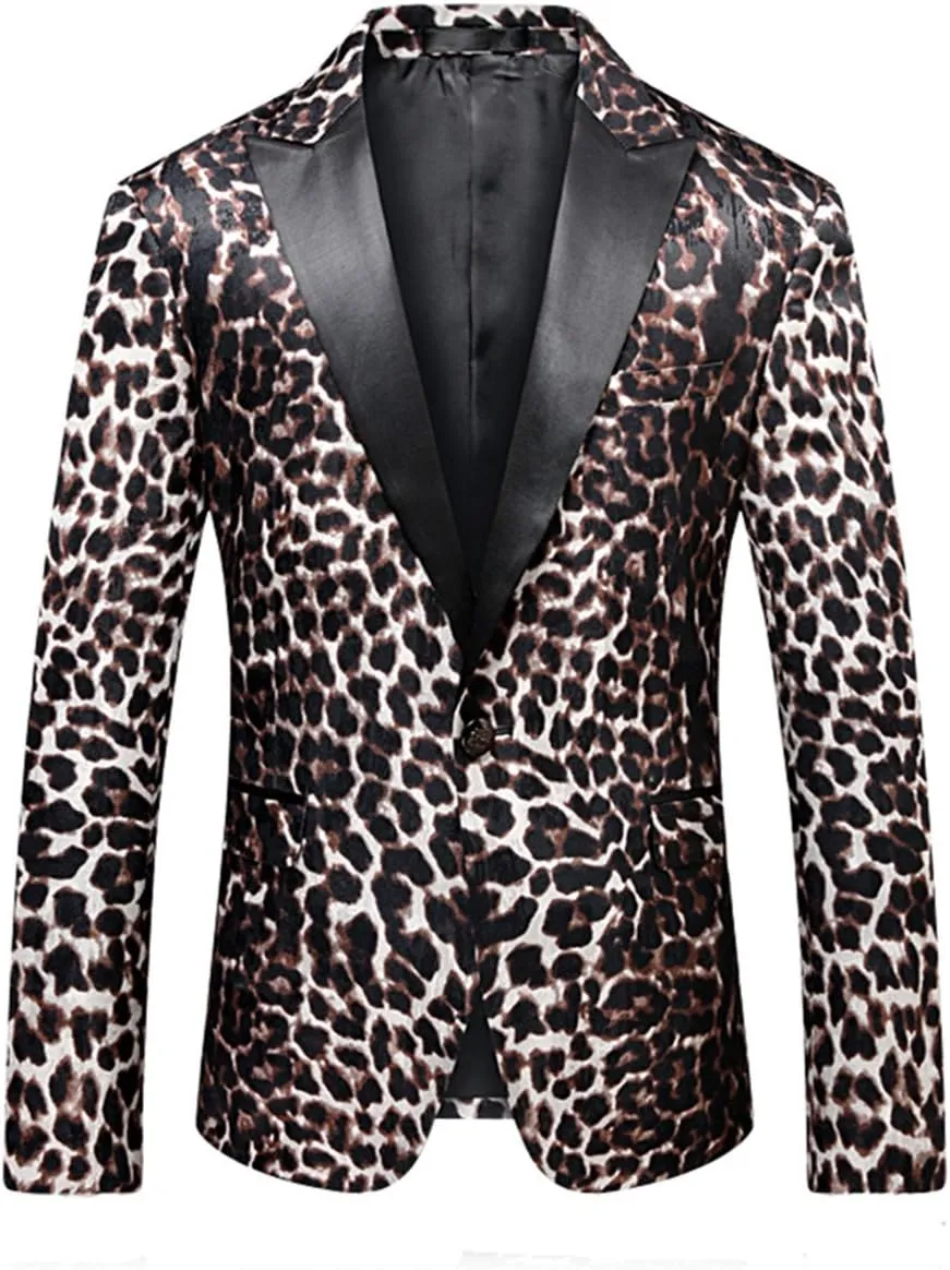 MOGU Mens Slim Fit Notched Lapel Stylish Blazer Leopard Printed Sports Coat