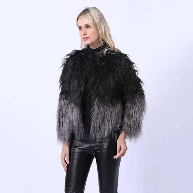 Ombre Party Fashion Winter Regular Faux Round Neck Fur Coats