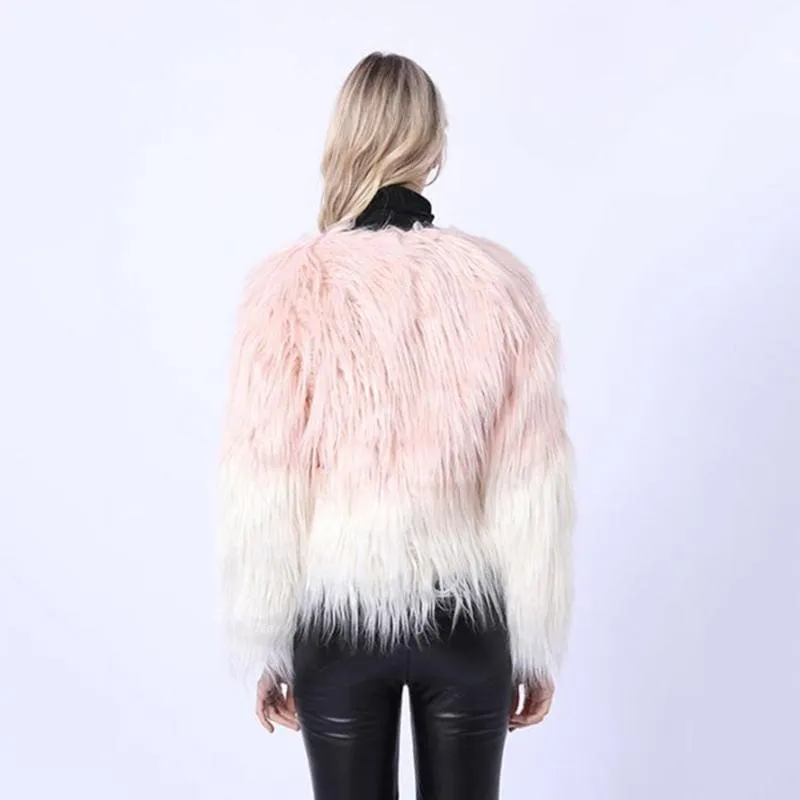 Ombre Party Fashion Winter Regular Faux Round Neck Fur Coats