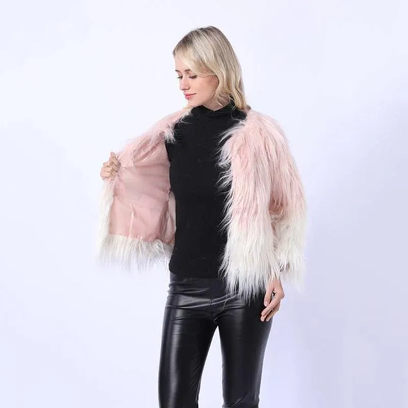 Ombre Party Fashion Winter Regular Faux Round Neck Fur Coats