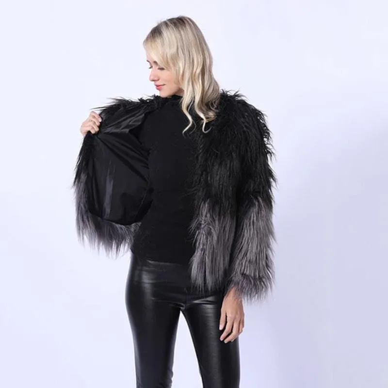 Ombre Party Fashion Winter Regular Faux Round Neck Fur Coats