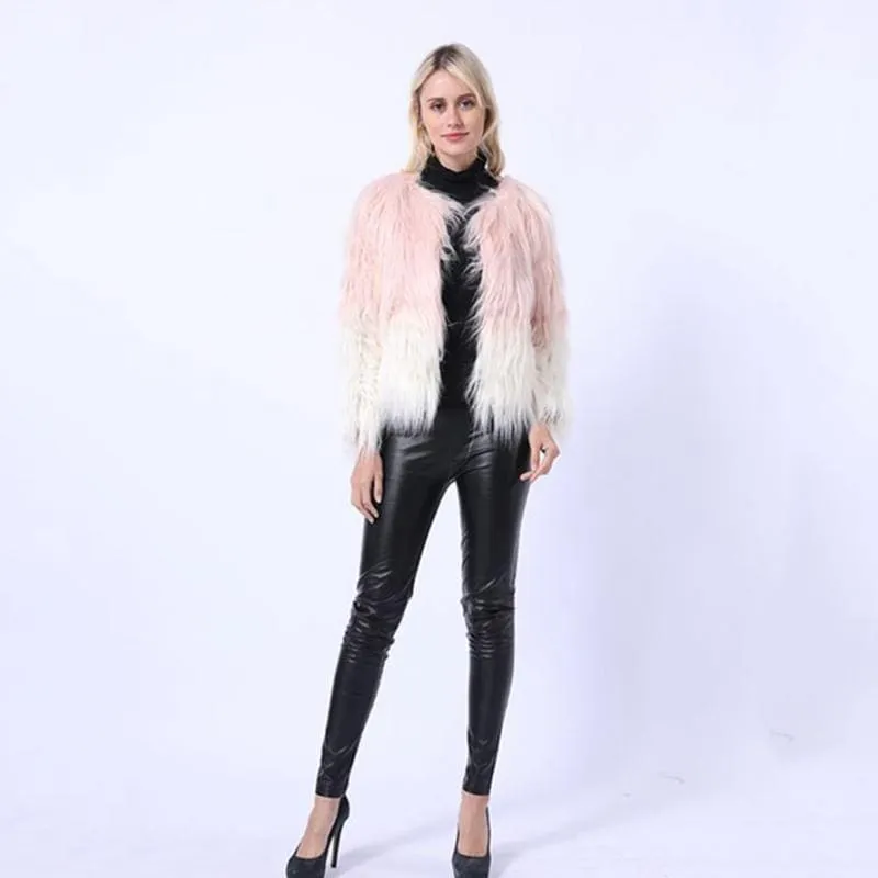 Ombre Party Fashion Winter Regular Faux Round Neck Fur Coats