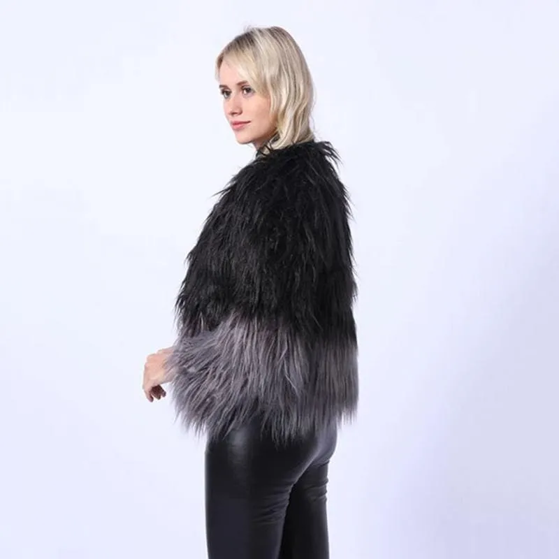 Ombre Party Fashion Winter Regular Faux Round Neck Fur Coats