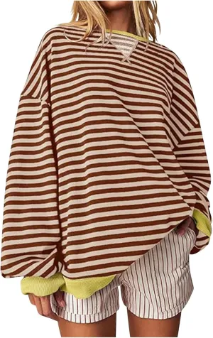Ruziyoog Women Striped Oversized Sweatshirt Color Block Long Sleeve Crew Neck Shirts Casual Loose Pullover Y2K Top