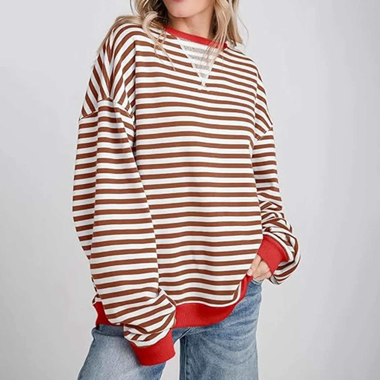 Ruziyoog Women Striped Oversized Sweatshirt Color Block Long Sleeve Crew Neck Shirts Casual Loose Pullover Y2K Top