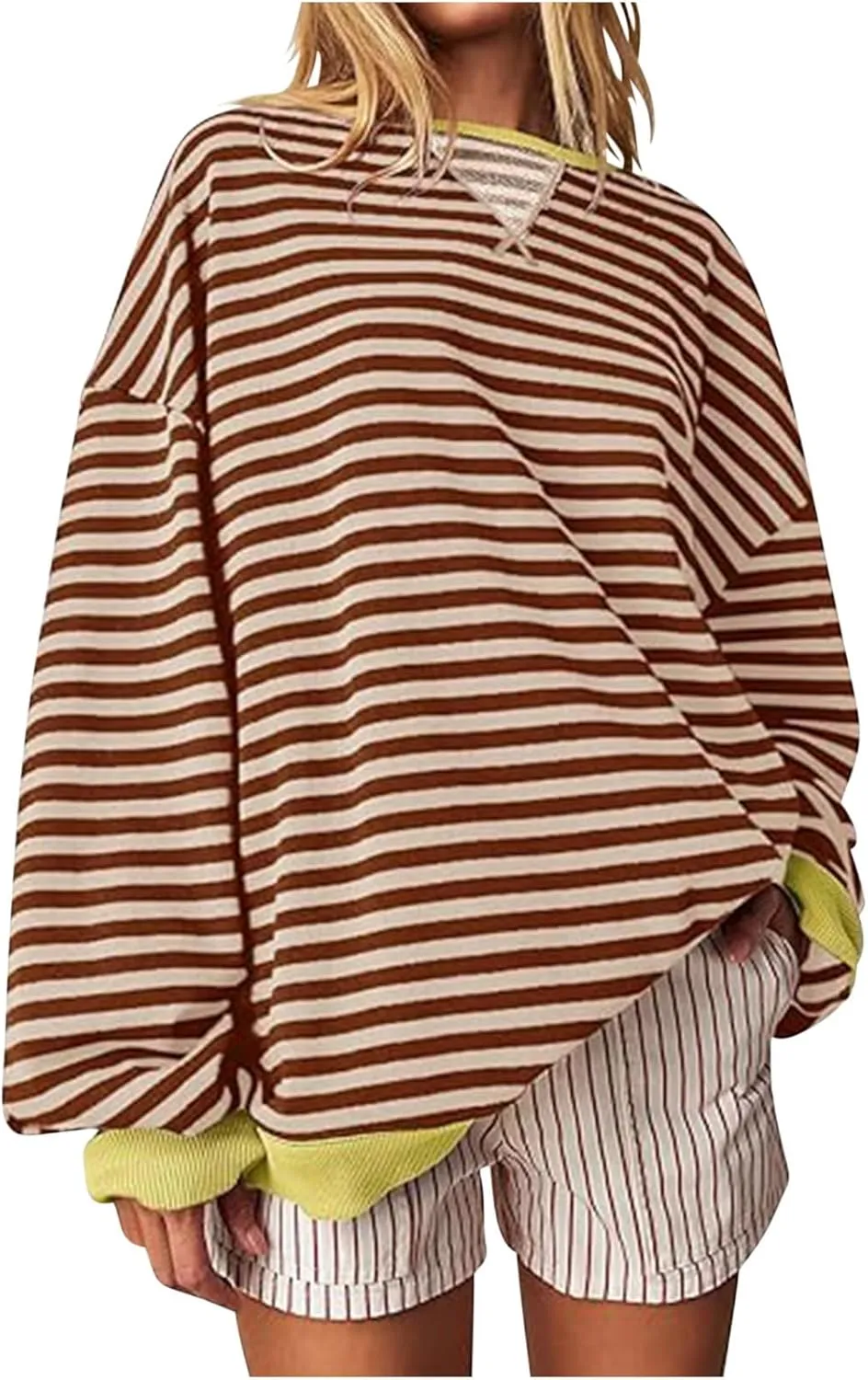 Ruziyoog Women Striped Oversized Sweatshirt Color Block Long Sleeve Crew Neck Shirts Casual Loose Pullover Y2K Top