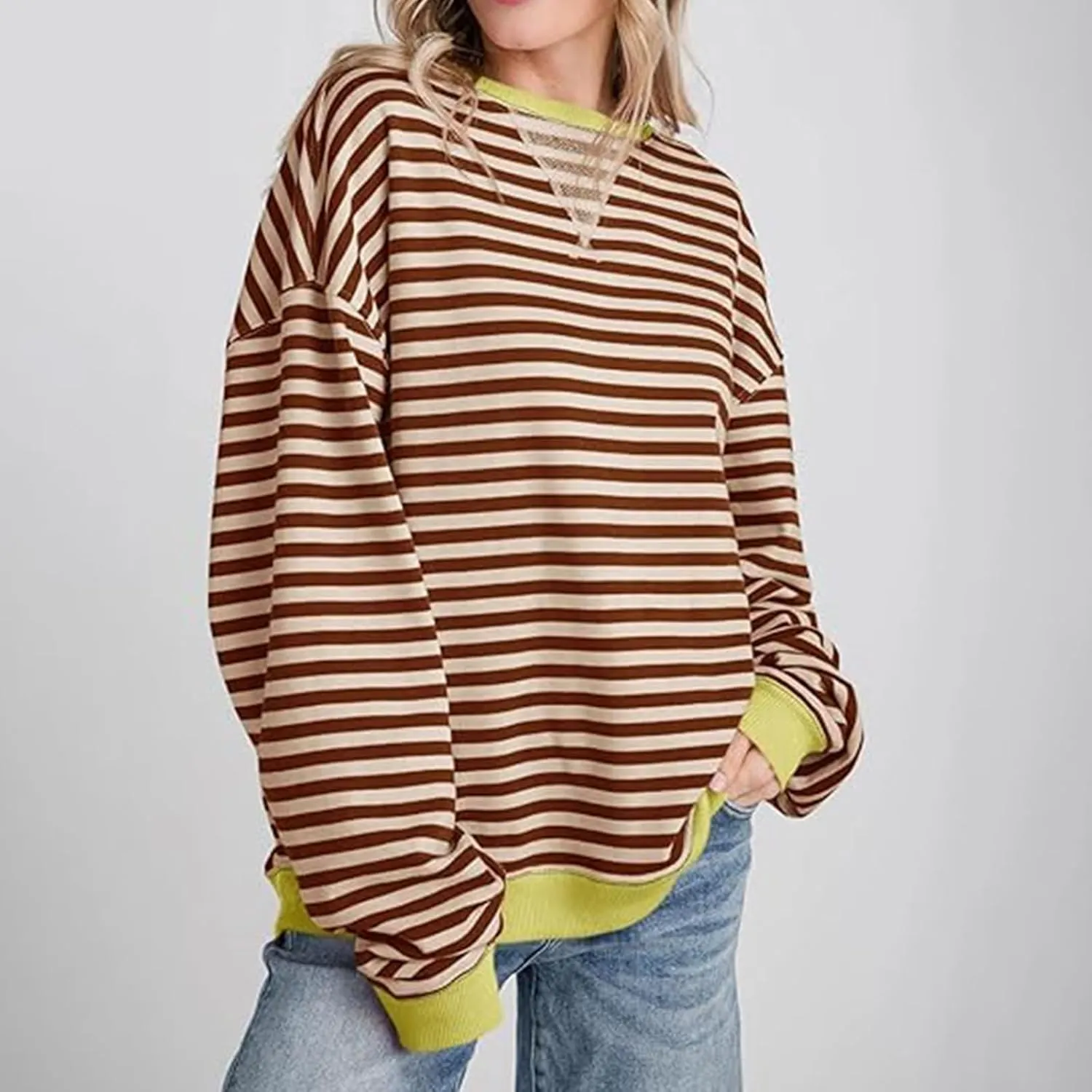 Ruziyoog Women Striped Oversized Sweatshirt Color Block Long Sleeve Crew Neck Shirts Casual Loose Pullover Y2K Top