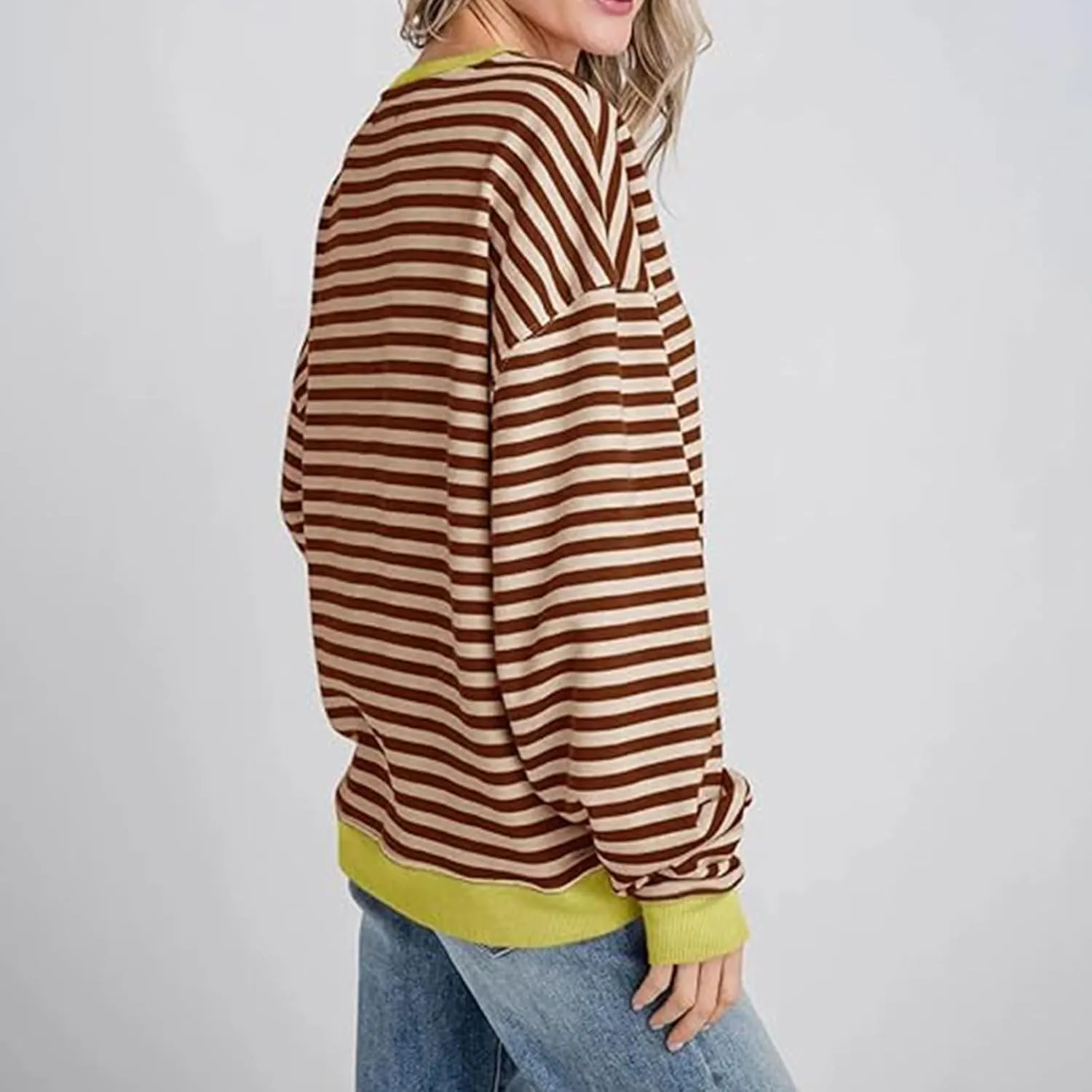 Ruziyoog Women Striped Oversized Sweatshirt Color Block Long Sleeve Crew Neck Shirts Casual Loose Pullover Y2K Top