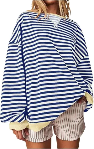 Ruziyoog Women Striped Oversized Sweatshirt Color Block Long Sleeve Crew Neck Shirts Casual Loose Pullover Y2K Top