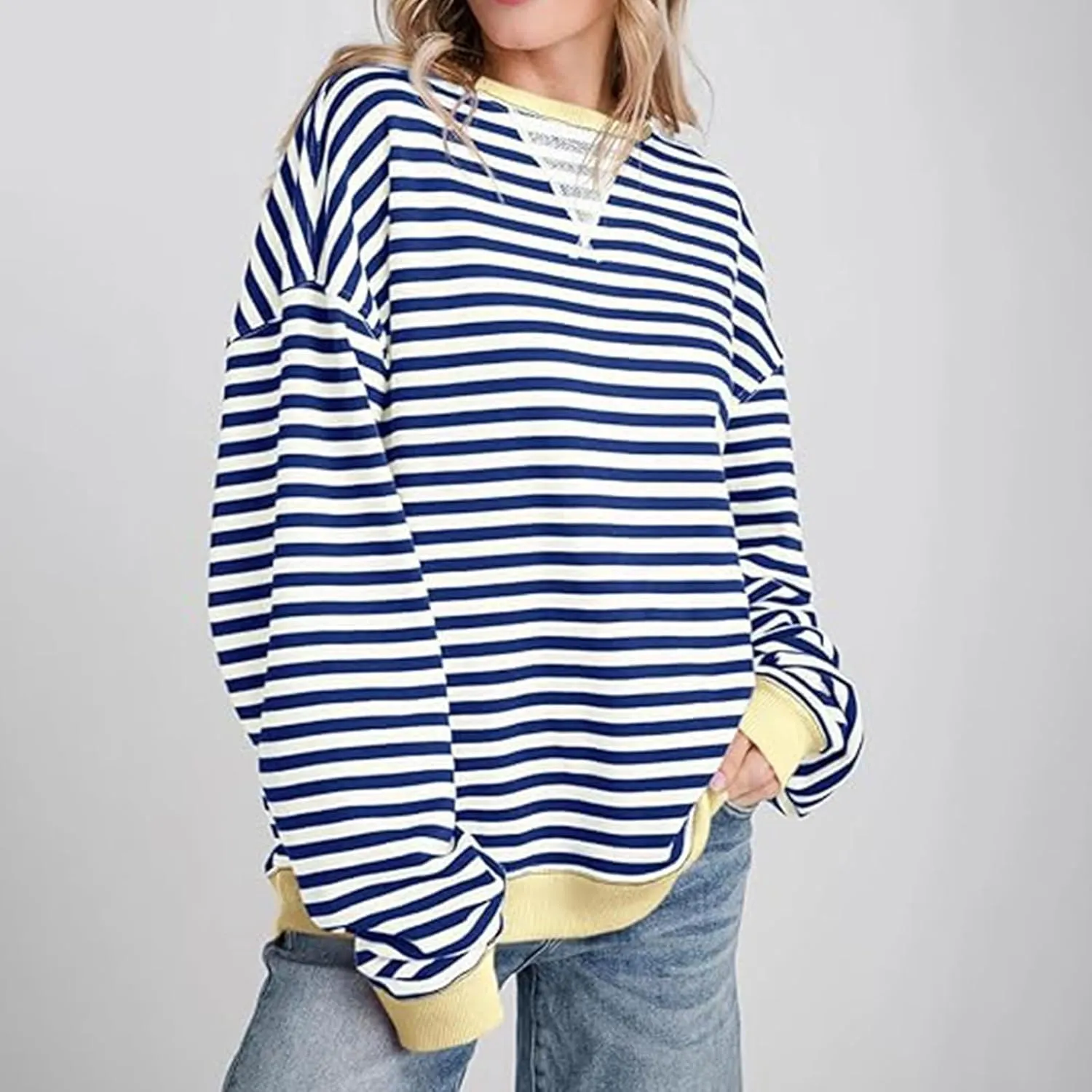 Ruziyoog Women Striped Oversized Sweatshirt Color Block Long Sleeve Crew Neck Shirts Casual Loose Pullover Y2K Top