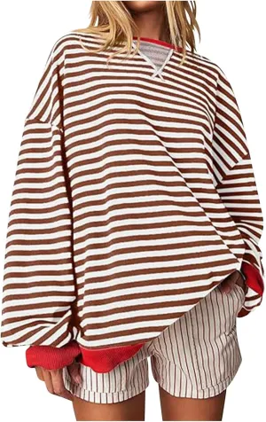 Ruziyoog Women Striped Oversized Sweatshirt Color Block Long Sleeve Crew Neck Shirts Casual Loose Pullover Y2K Top