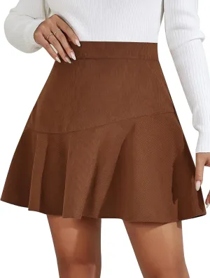 SEAUR Corduroy Flared Skater Skirts for Women Casual Trendy Solid Color Pleated Skirt Soft Lightweight Ruffled Skorts M