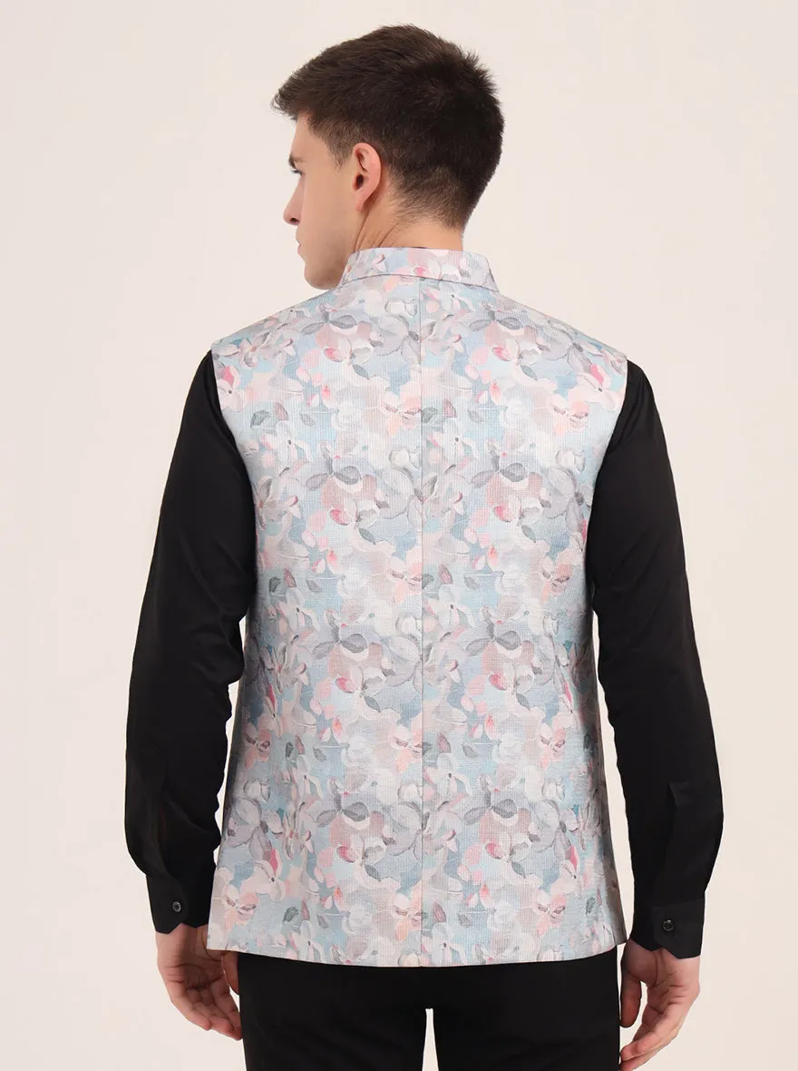 Sky Blue Printed Regular Fit Bandhgala Jacket | JB Studio