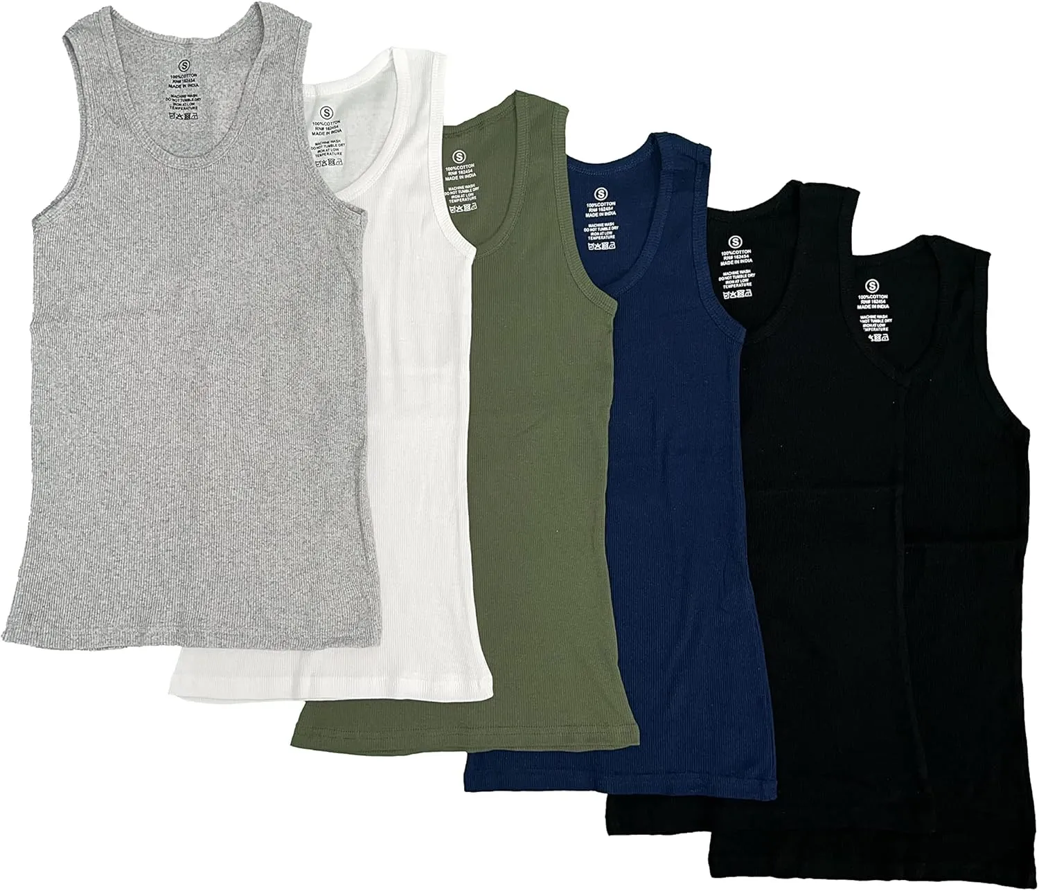 Studio 3 Men's 6 Pack 100% Cotton Tagless Ribbed Slim Fit Muscle Tank Tops with Scoop Neckline