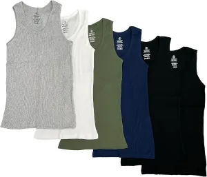 Studio 3 Men's 6 Pack 100% Cotton Tagless Ribbed Slim Fit Muscle Tank Tops with Scoop Neckline