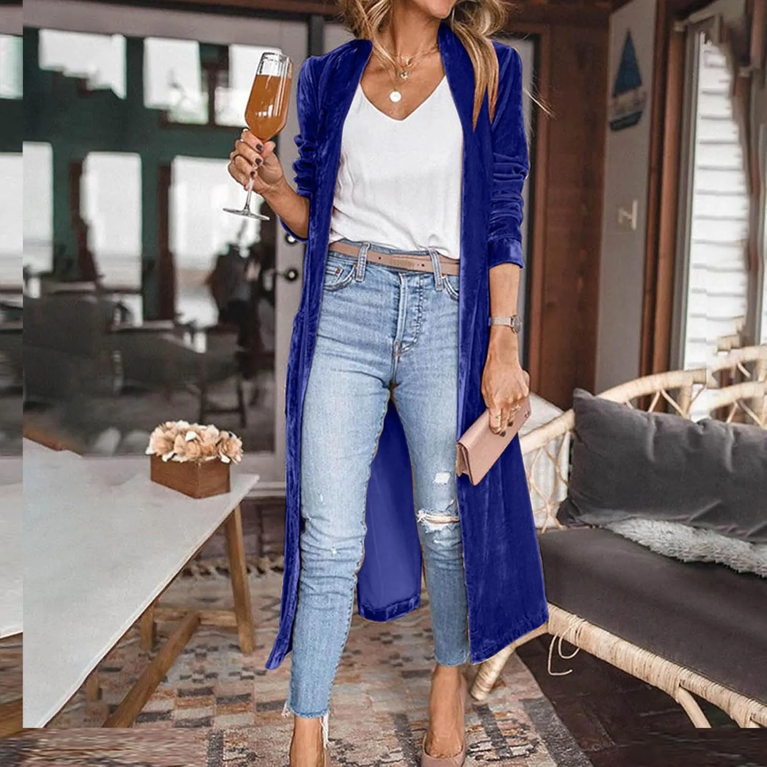 TIMIFIS Velvet Trench Coat Women Plus Size Winter Jackets Fashion Lightweight Jacket Open Front Long Cardigan with Pocket
