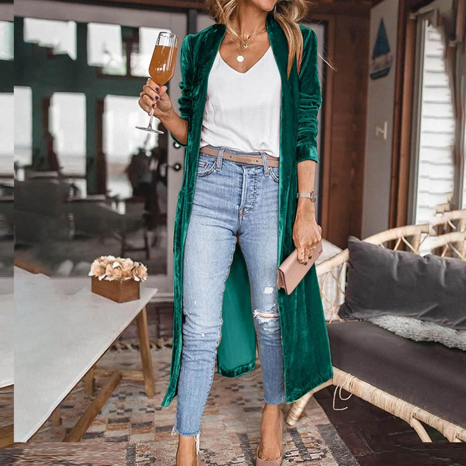 TIMIFIS Velvet Trench Coat Women Plus Size Winter Jackets Fashion Lightweight Jacket Open Front Long Cardigan with Pocket