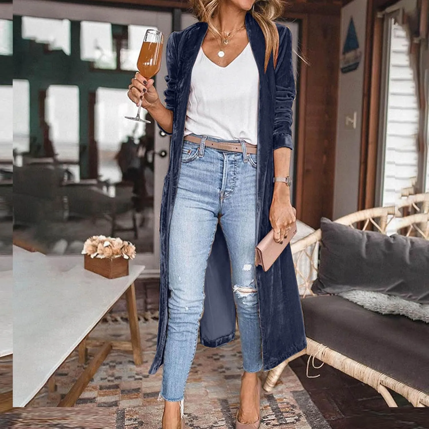 TIMIFIS Velvet Trench Coat Women Plus Size Winter Jackets Fashion Lightweight Jacket Open Front Long Cardigan with Pocket