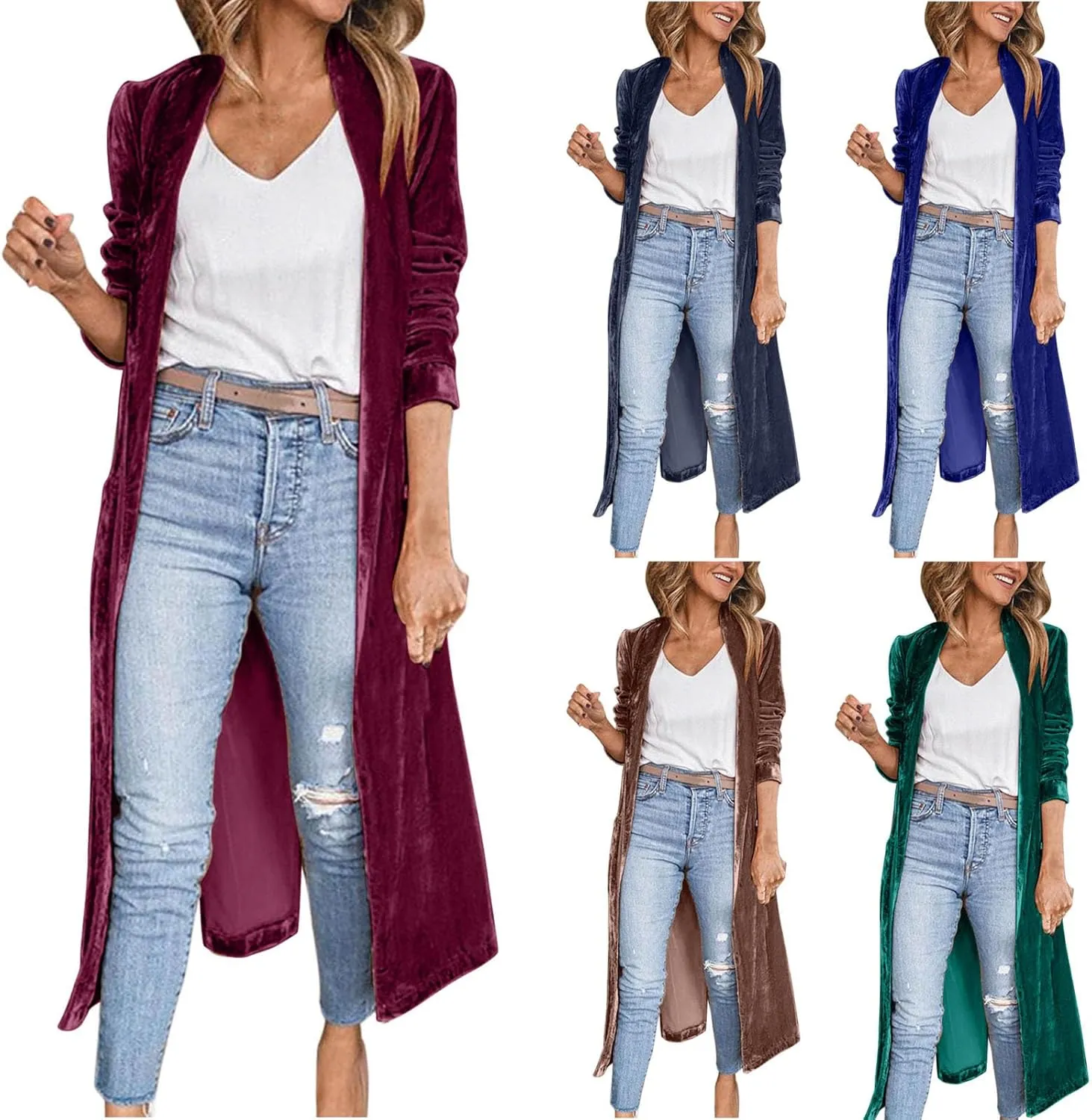 TIMIFIS Velvet Trench Coat Women Plus Size Winter Jackets Fashion Lightweight Jacket Open Front Long Cardigan with Pocket