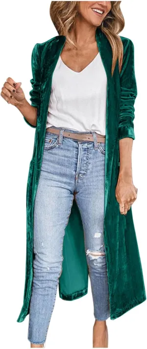 TIMIFIS Velvet Trench Coat Women Plus Size Winter Jackets Fashion Lightweight Jacket Open Front Long Cardigan with Pocket