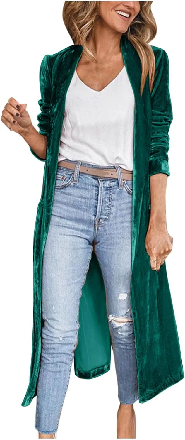 TIMIFIS Velvet Trench Coat Women Plus Size Winter Jackets Fashion Lightweight Jacket Open Front Long Cardigan with Pocket